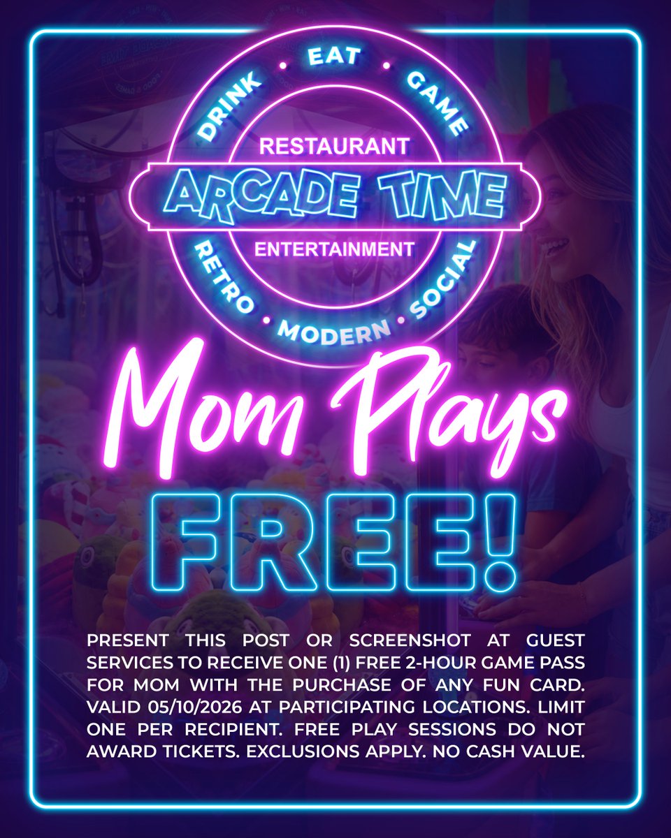 ArcadeTimeUSA's tweet photo. Mom Plays Free at Arcade Time with any Fun Card purchase this Mother’s Day! 💐 Make it a family day out with endless modern + retro arcade games, timeless family fun, and priceless memories. 

Skip the ordinary plans and bring Mom somewhere the whole family can game. 🕹 Arcade Time is celebrating Mother’s Day in Orlando, Kendall, Jacksonville, Coral Springs, and Wellington with modern arcade games, retro favorites, fantastic prizes, and a free 2-hour game pass for Mom with any Fun Card purchase. 🆓 Plus, experience Duckpin Bowling, Krazy Darts, full-service dining, and bar service at select locations, giving your crew even more ways to eat, drink, game, and celebrate Mom all in one place. 🎳🎯🍔🍹

👉 Grab the family and start planning your Mother’s Day at Arcade Time!

#MothersDay #MomPlaysFree #RetroArcade #FamilyFun #ArcadeTime