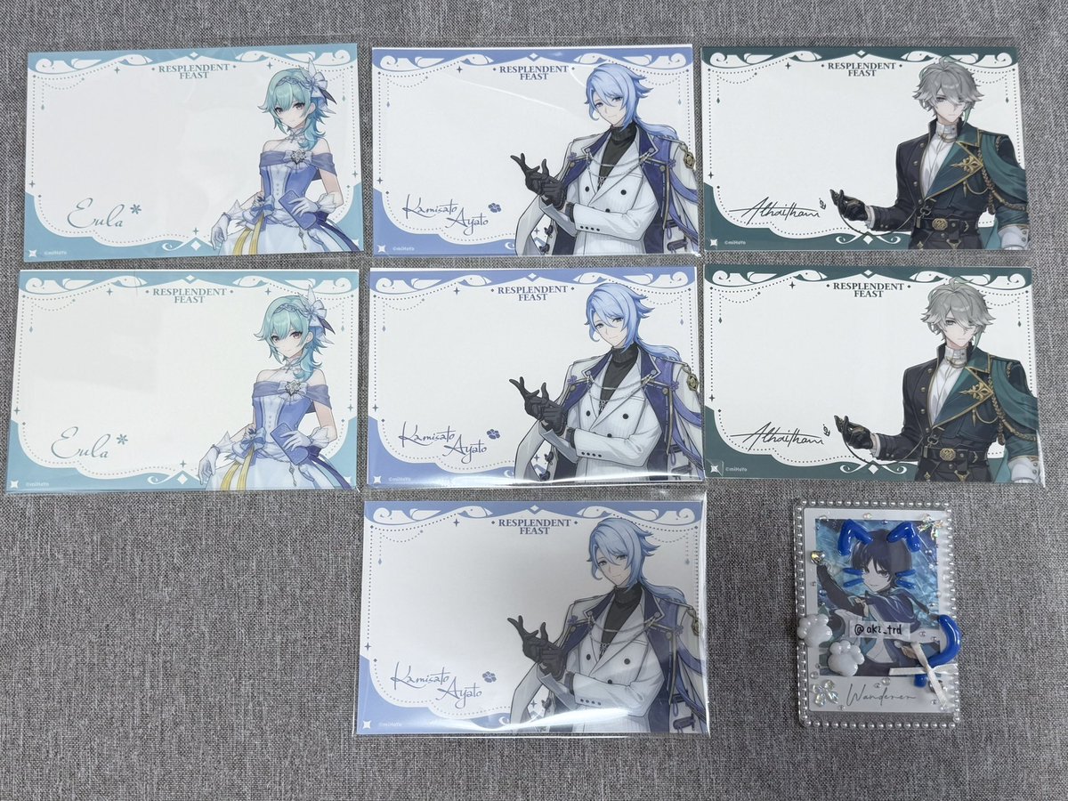 aki_trd's tweet photo. 【交換】原神 璀夜华宴 特典 クリアカード オフライン

譲 : エウルア 綾人 アルハイゼン
求 : 同異種 ���浪者

保護フィルムが剥がれやすく開封時から特に左下が剥がれ始めているものがあります
異種は🇰🇷カフェ・PCラウンジ特典・ホヨランドおみくじ等求めています
検索からもお気軽にお声掛けください https://t.co/uFMQzM7bO2