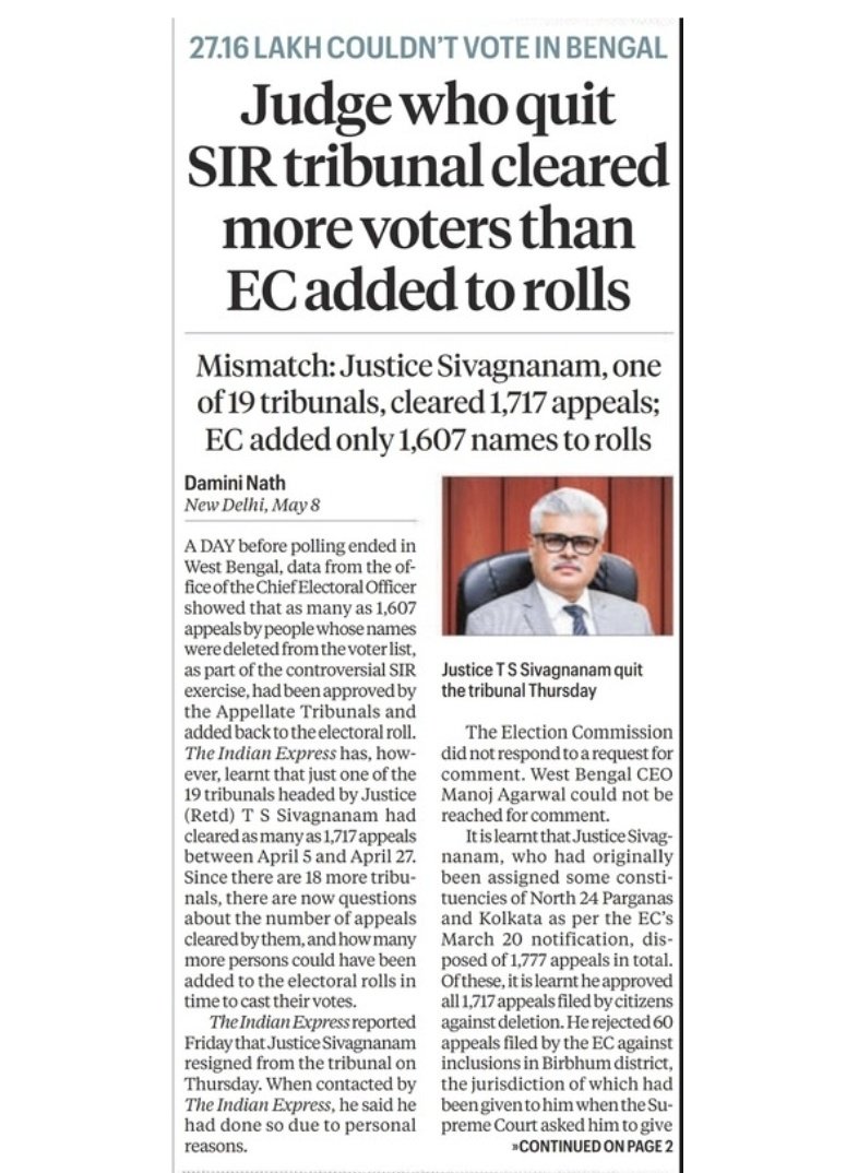 BENGAL ELECTION BOMBSHELL 🔥

Judge Clears 110 MORE Voters Than EC — Then Resigns Overnight! 🔴

Justice TS Sivagnanam headed one of the SIR Tribunals in West Bengal.

He approved 1,717 appeals of Voters Deleted from the Rolls.

𝐄𝐥𝐞𝐜𝐭𝐢𝐨𝐧 𝐂𝐨𝐦𝐦𝐢𝐬𝐬𝐢𝐨𝐧 𝐚𝐝𝐝𝐞𝐝