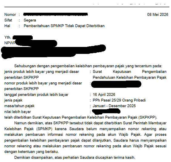 rantingpohon5cm's tweet photo. Izin bertanya min @kring_pajak 
saya ada melakukan pengembalian atas kelebihan potong lawan transaksi pada pelaporan SPT, namun kemarin dapat surat ini.
Padahal utk meminta pengembalian sblm lapor SPT sudah melakukan update nomor rekening pada coretax. 
Hrs gmn lg ya min? https://t.co/WeA1o6EXXt