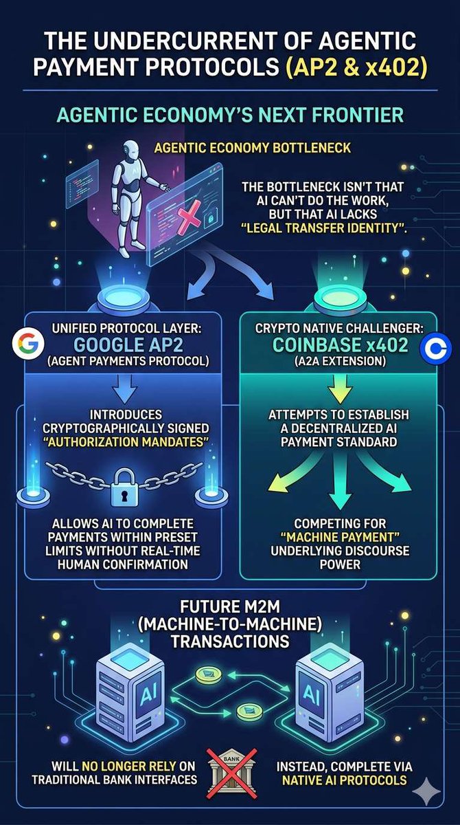 StarSpaceVC's tweet photo. ■ The Undercurrents of Agent Payment Protocols (AP2 and x402) 

★ The current bottleneck of the Agentic Economy (Agent-based Economy) is not that AI cannot do the work, but that AI lacks a "legally recognized payment identity". 

★ Unification of the protocol layer: Recently, Google has taken the lead in formulating the AP2 (Agent Payments Protocol) protocol. 

★ This agreement introduces "Mandates" with encrypted signatures, allowing AI to complete payment actions within a preset range without real-time human confirmation. 

★ Native crypto challenger: Coinbase has launched x402 (A2A extension), attempting to establish a decentralized AI payment standard to compete with Google's AP2 for the underlying discourse power of "machine payment". 

★ This means that in the future, M2M (machine-to-machine) transactions will no longer rely on traditional bank interfaces but will be completed through this native AI protocol.