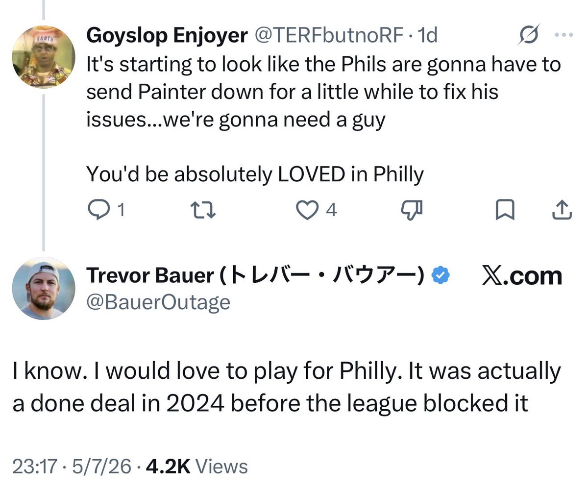 PhilsTailgate's tweet photo. Trevor Bauer claims that the Phillies were going to sign him in 2024 until the league blocked the signing. 

I don’t know how true this is, but this is also the team that willingly signed Jeurys Familia &amp; Odubel Herrera post domestic violence suspensions. https://t.co/oQEDrQiC5b