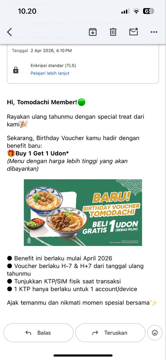 ryebwin's tweet photo. min ini di gmail udah dapet voucher birthday treats tapi kok di aplikasi vouchernya gaada yaa? btw birthdaynya tgl 18 @MarugameUdonID https://t.co/tFioQYq3k0