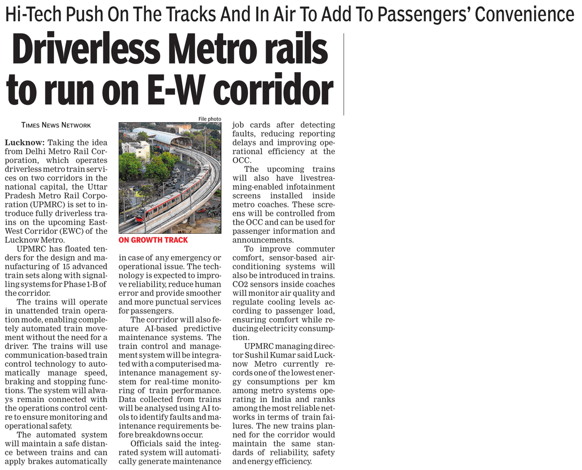 Arv_Ind_Chauhan's tweet photo. Taking idea from the Delhi Metro, which operates driverless metro train services on two corridors, the Uttar Pradesh Metro Rail Corporation (UPMRC) is now set to introduce fully driverless trains on the upcoming East West Corridor (EWC) of the Lucknow Metro. https://t.co/MXkOciztc5