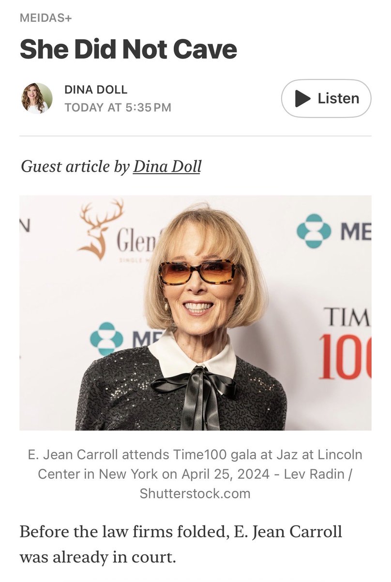 Before the law firms folded, E. Jean Carroll was already in court. She told the truth. She put her name on it. And she let a jury decide. She beat Trump twice and now he's asking the Supreme Court to save him yet again.
Read my latest article for @meidastouch on my Substack: