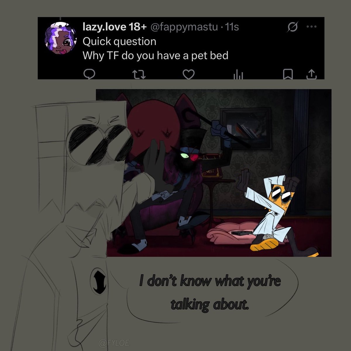 OVERLORDSUBWAY's tweet photo. He's in denial…
If u want more lore u gotta ask lore-related questions otherwise u get dumb stuff like this lol
#villainous #drflug #villainousfanart #villainousau #blackhat https://t.co/PAaD7mjmV3