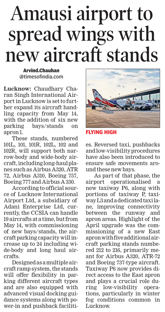 Arv_Ind_Chauhan's tweet photo. Lucknow airport is set to further expand its aircraft handling capacity from May 14, with the addition of six new parking bays/stands on apron 1 including 101L, 101, 101R, 102L, 102 and 102R, will support both narrow‑body and wide‑body aircraft, including long‑haul planes https://t.co/XXAXTcNJou