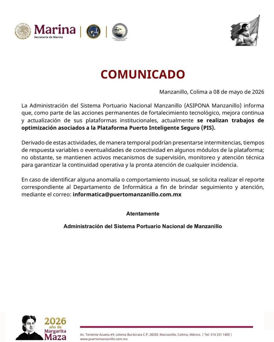 Les robaron todos los datos y se niegan a admitirlo. En su lugar, informan «trabajos de optimización».

Más de 640 mil personas en riesgo (sin contar la familia de cada una de ellas) y cinco años de operaciones portuarias expuestas.

La <a href="/SEMAR_mx/">SEMAR México</a>, ni pío.