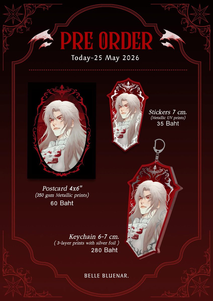 bellbluenar's tweet photo. [RTappreciated!]
✧ Pre-order 🩸🦇 ✧
พรีออเดอร์ : https://t.co/FRCyzofwGF
ระยะเวลาพรี : วันนี้ - 25 พฤษภาคม

---
นัดรับได้ที่ #CA11 Sun 31 May 2026 [E01-02]
__
สินค้าใหม่ Sylus Silver wing Fiend collection 
#loveanddeepspace #sylus https://t.co/CSp22xicy0