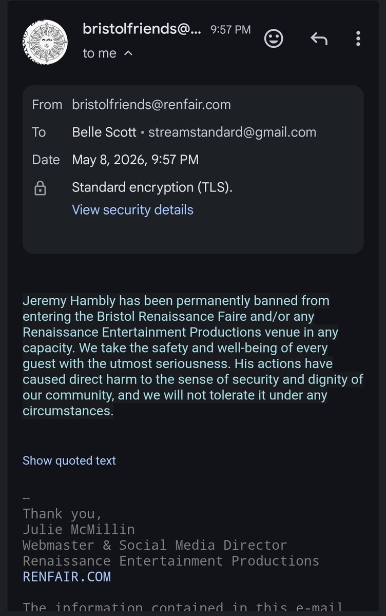 StreamStandards's tweet photo. Jeremy Hambly (@TheQuartering) has been permanently BANNED from the renaissance festival from the viral video where he was making vulgar remarks about female attendees. https://t.co/OkUUSoiQol