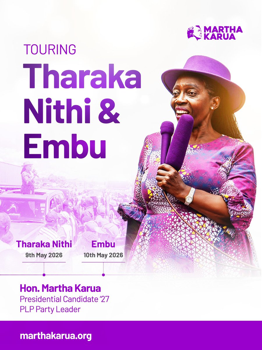 MarthaKarua's tweet photo. This weekend, Iโll be in Tharaka Nithi and Embu as we continue building a movement rooted in justice, integrity, and the voice of wananchi.
Kenyaโs future will be decided by its people, not political backroom deals.
#TuunganeTujikomboe
#PurpleTrain
#MarthaKarua2027 https://t.co/fPC5aMuchQ