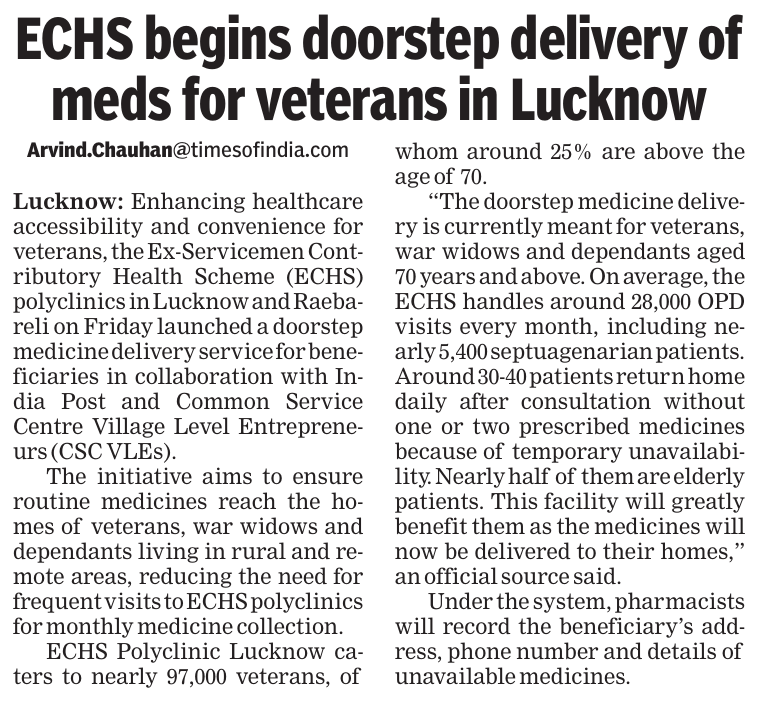 Arv_Ind_Chauhan's tweet photo. Enhancing healthcare accessibility and convenience for veterans, the Ex-Servicemen Contributory Health Scheme (ECHS) Polyclinics in Lucknow and Raebareli on Friday launched a doorstep medicine delivery service. https://t.co/SZXJKjXYfG