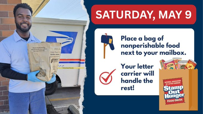TonyBasilio's tweet photo. The #StampOutHunger Food Drive is this Saturday! Supporting FISH Hospitality Pantries by participating in the food drive is easy. On Saturday, leave a non-perishable food donation at your mailbox. Your letter carrier will take care of the rest!
More info: https://t.co/jyOspl9QCg https://t.co/0yz5KCSkf3