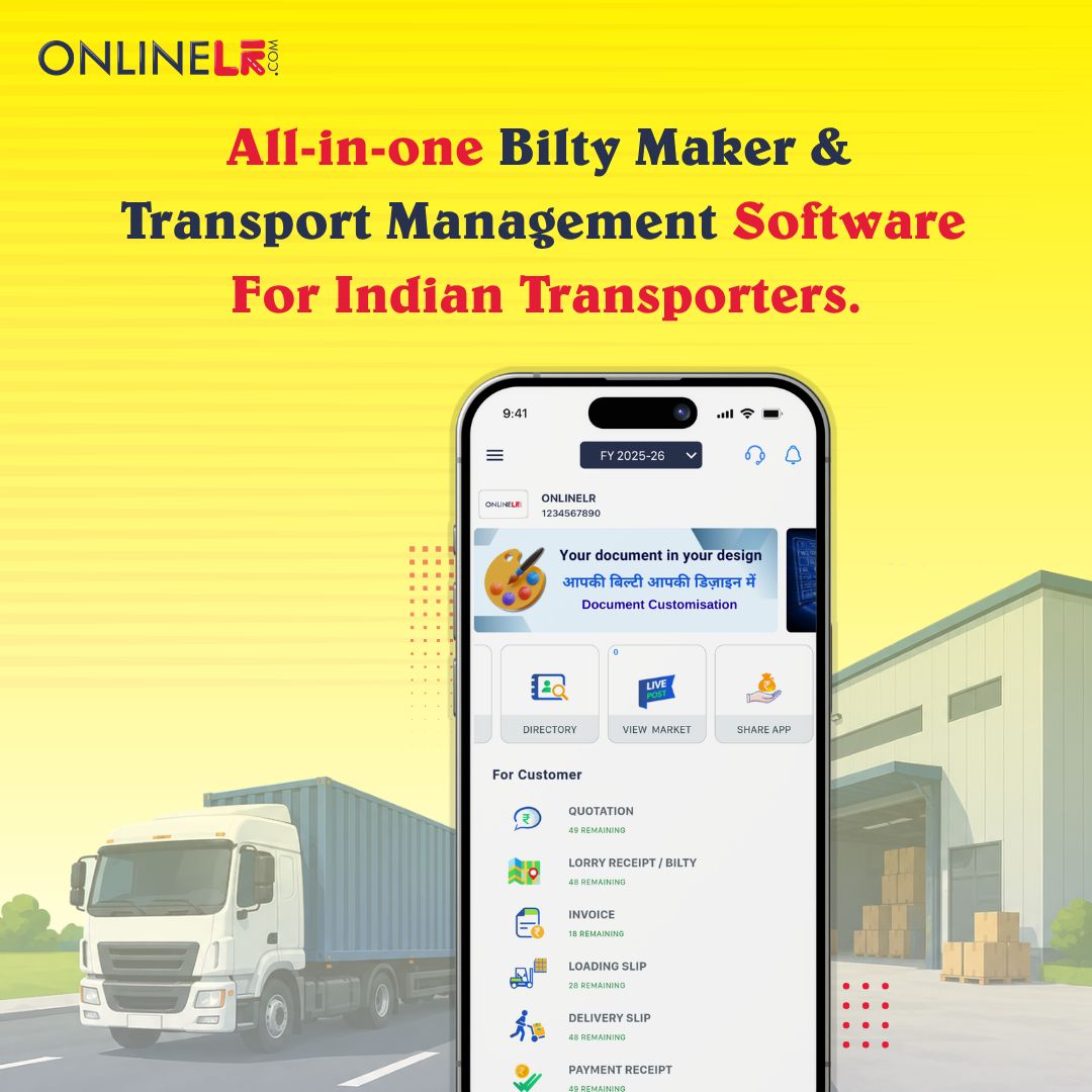OnlineLRSupport's tweet photo. Paperwork ki tension khatam, business par focus shuru.

TransportManagement #BiltyMaker #LogisticsSoftware #DigitalTransport #LorryReceipt #TransportBusiness #LogisticsIndia #FleetManagement #Onlinelr #Techwe https://t.co/RwTP1YiTwu