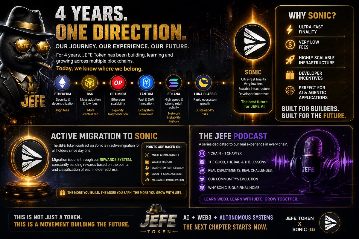 JefeTOKEN's tweet photo. Over the last 4 years, JEFE Token has evolved across multiple blockchain ecosystems, gaining real experience building and developing in Web3 through different market cycles.

We deployed and operated across:
• Ethereum  
• BNB Smart Chain  
• Optimism  
• Fantom  
• Solana  
• Terra Classic  

Every chain taught us something different about scalability, liquidity, speed, decentralization, community behavior, and sustainability.

After years of real multi-chain experience and analysis, we reached one clear conclusion:

Sonic $S is the best infrastructure for the future of JEFE.

Why?

Because Sonic delivers:
• Ultra-fast finality  
• Extremely low fees  
• Scalable infrastructure  
• Real developer incentives  
• The perfect environment for AI-powered applications

That is why we decided to concentrate the future of $JEFE Token and our Agentic AI developments within the Sonic ecosystem.

The migration is already active & it is not being done through a simple traditional swap.

Instead, migration happens through a dynamic reward system where holders continuously receive Sonic rewards based on:
• Multi-chain activity  
• Wallet history  
• Ecosystem participation  
• Loyalty and long-term engagement  

We are also launching a podcast series documenting the real JEFE experience across every blockchain ecosystem we participated in.

Each episode will focus on one specific chain and explore:
• The strengths and weaknesses of each ecosystem  
• Lessons learned through real deployment experience  
• How our community evolved across cycles  
• And why Sonic ultimately became our permanent home

This is more than a token.

This is a long-term infrastructure focused on AI + Web3 + autonomous decentralized systems.

JEFE Token x Sonic ($S)

The next chapter starts now.

Full technical research & development at JEFE TOKEN GitHub . 🫡
