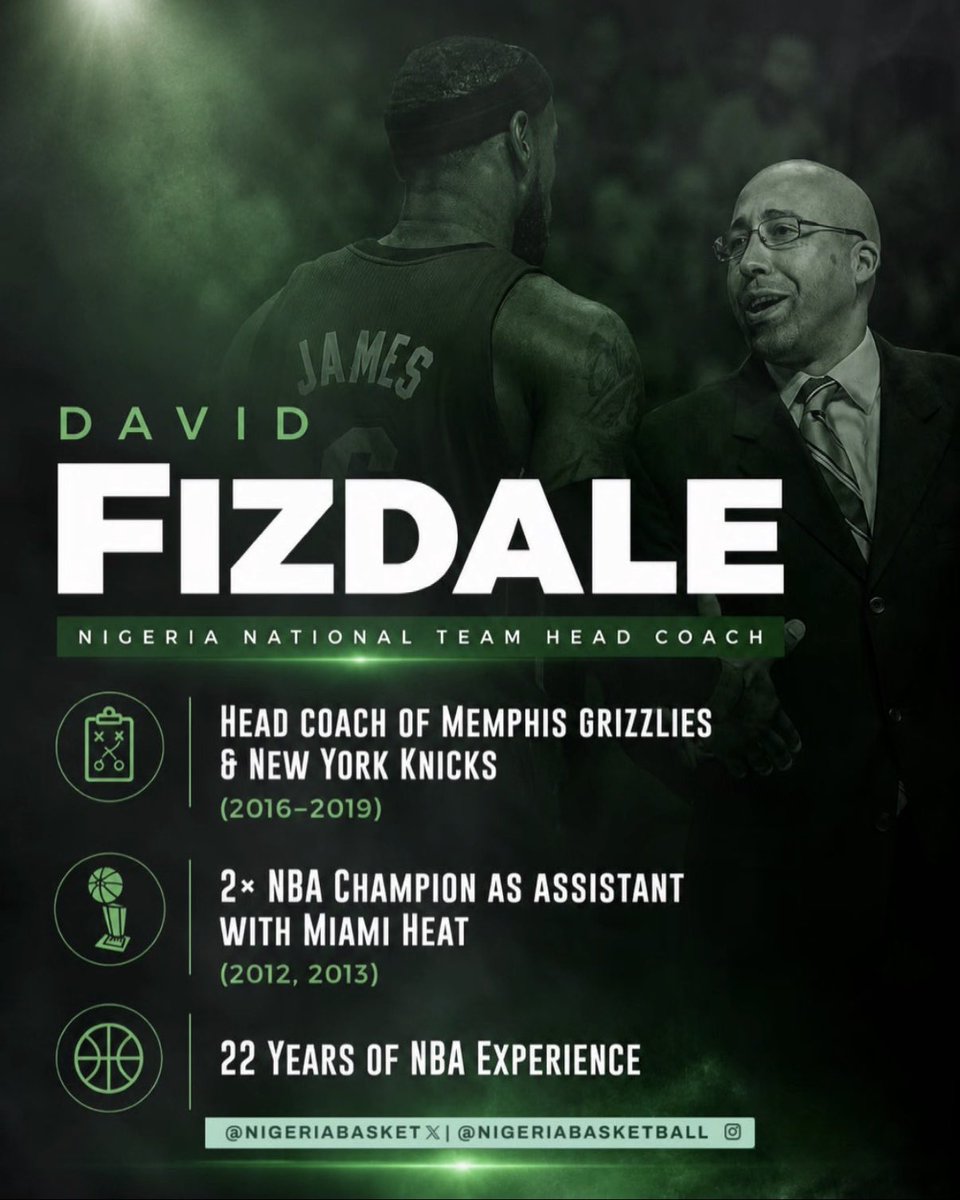 NEWS: 

David Fizdale, former NBA head coach, has been named the new head coach for D’Tigers 

🇳🇬🇳🇬🇳🇬🇳🇬🇳🇬