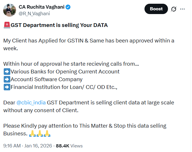 R_N_Vaghani's tweet photo. 🚨GST Data Leak

I have raised GST Data leak Concern Many Times But @cbic_india has no Time for our Genuine Concern.

In reality this data leak is starting from department itself, GST Officers are selling your private data to the various Bank, software companies, private agents.

This data leak can destroy Rival's Businesss Completely. 

@cbic_india & @nsitharaman ji don't be quiet take some actions please.

Now this no more remain ease of doing Business.🙏🙏🙏🙏