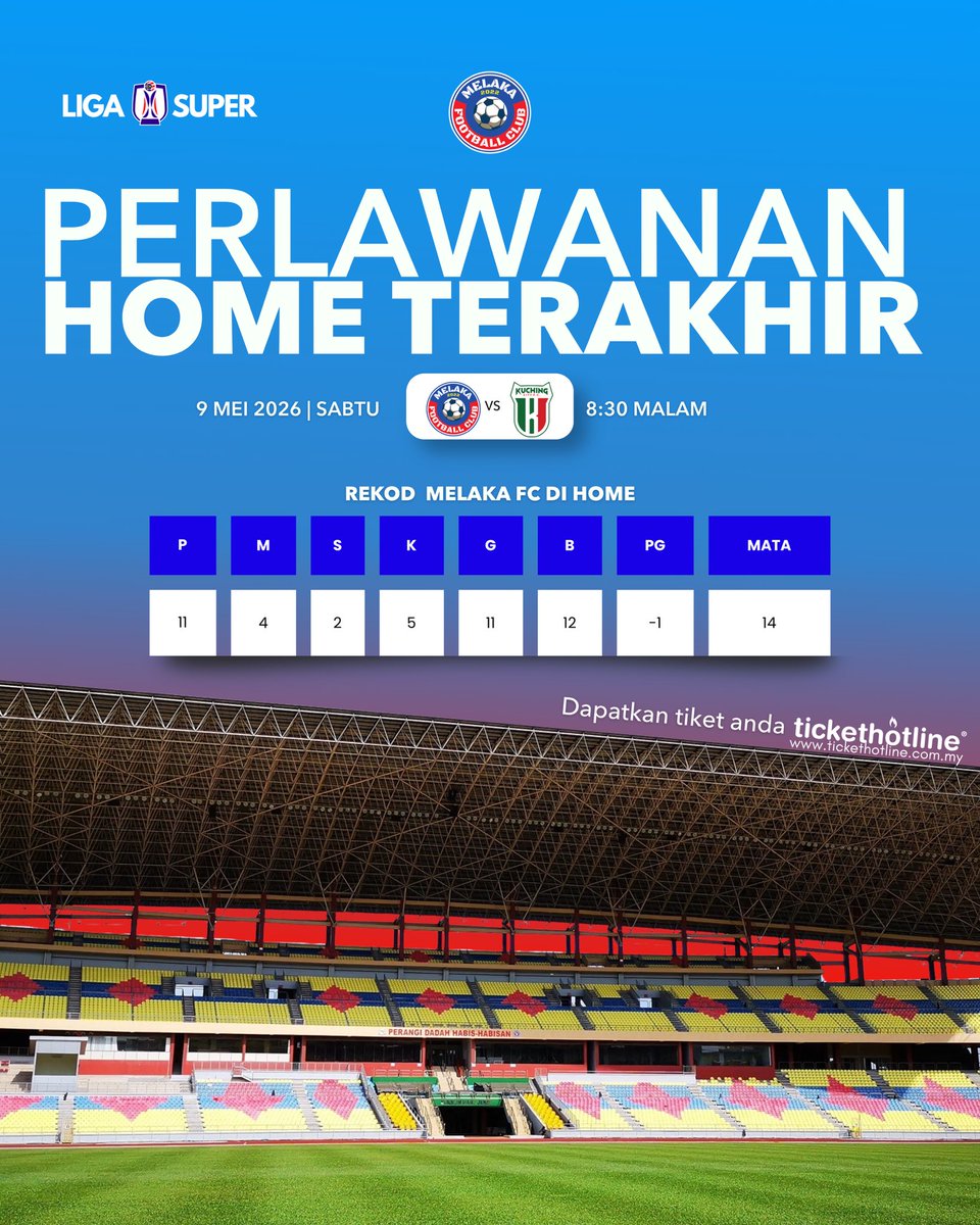 tickethotline's tweet photo. Ini seruan terakhir buat penyokong setia Melaka FC! Malam ini kita noktahkan aksi terakhir di Stadium Hang Jebat menentang Kuching City FC.

🎟 Tiket: https://t.co/vZDXrPq7j8

Jumpa di sana! https://t.co/kV734xtBGO
