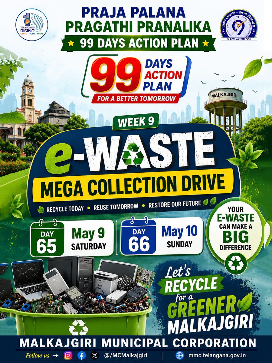 MCMalkajgiri's tweet photo. ♻️ Turn your old gadgets into a greener tomorrow!
Join the Mega #EWaste Collection Drive under Praja Palana Pragathi Pranalika – 99 Days Action Plan and help build a cleaner, sustainable Malkajgiri.

📅 May 9 & 10
🌍 Recycle today. Restore tomorrow. 

#EWasteDrive #GreenerMalkajiri #RecycleForChange #99DaysActionPlan