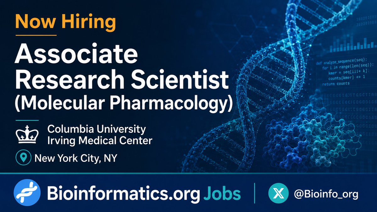 Bioinfo_org's tweet photo. Now Hiring: Associate Research Scientist (Molecular Pharmacology) at Columbia University Irving Medical Center, New York City. Great opportunity in a strong research environment.

Full details &amp; apply 👉 [link in first reply]

RT &amp; share with anyone who might be interested! https://t.co/QfBOMSolkp