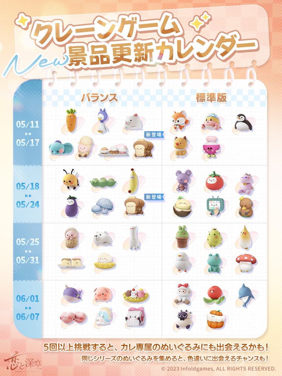 楽しいお出かけ：クレーンゲーム】 景品のぬいぐるみの5/11-6/7の入荷