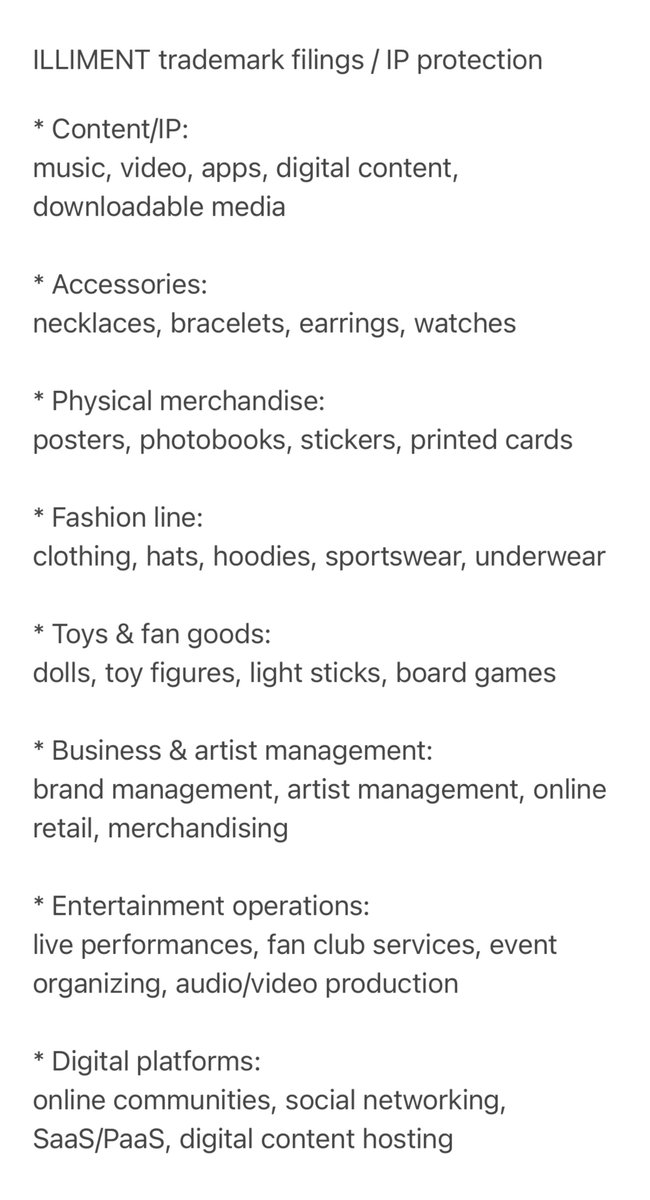 misskloss_1001's tweet photo. ILLIMENT’s registered business covers IP, branding, trademarks, licensing, and content operations, making it more like a fully built global entertainment and IP company centered around TEN’s brand! We really be getting exclusive apps, official light stick, doll, and more!😭

The company is hiring a Global Operations Coordinator focused on Korea, China, and global markets, with a pretty solid salary for a junior role.
This clearly isn’t being built for just one market, but as a long-term global entertainment label and IP ecosystem!👏

𖤐 ILLIMENT trademark filings/IP protection

• Content/IP: music, video, apps, digital content, downloadable media

• Accessories: necklaces, bracelets, earrings, watches

• Physical merchandise: posters, photobooks, stickers, printed cards

• Fashion line: clothing, hats, hoodies, sportswear, underwear

• Toys & fan goods: dolls, toy figures, light sticks, board games

• Business & artist management: brand management, artist management, online retail, merchandising

• Entertainment operations: live performances, fan club services, event organizing, audio/video production

• Digital platforms: online communities, social networking, SaaS/PaaS, digital content hosting