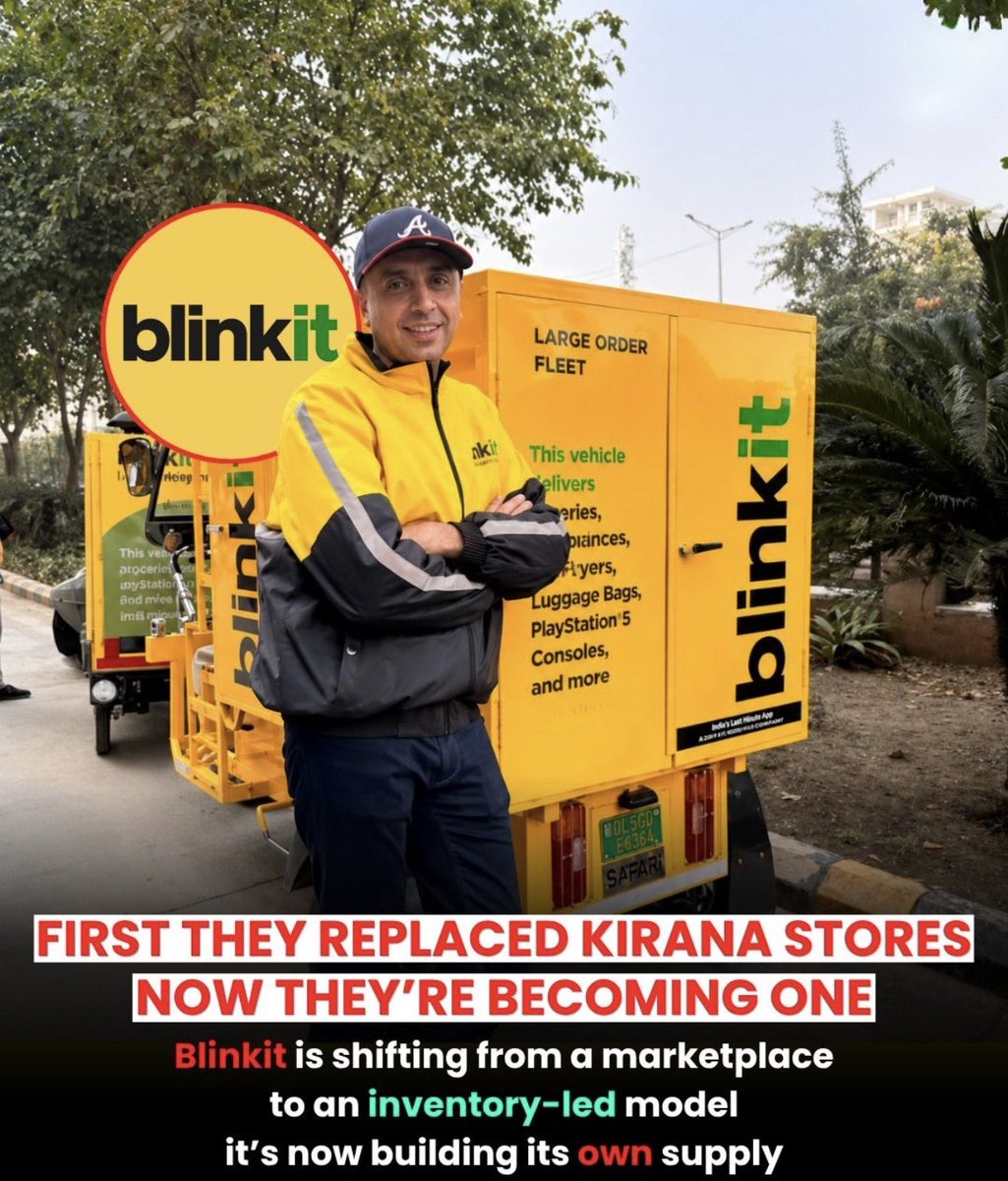 AnujGodaraa's tweet photo. Blinkit started as a platform that connected you to nearby stores. That was the pitch. Now it is quietly becoming the store itself. Albinder Dhindsa's quick commerce giant is shifting from a pure marketplace model to an inventory-led model, where Blinkit owns the stock, controls the pricing, and manages the supply chain end to end, exactly like a modern kirana store does, just at city scale and 10-minute speed.
The shift is visible in what Blinkit now delivers. Groceries, appliances, PlayStation 5 consoles, luggage bags, air fryers, and more, all stocked in its own dark stores rather than sourced from third-party sellers. This gives Blinkit better margins, better availability, and full control over the customer experience. Blinkit crossed Rs 1,156 crore in revenue in Q3 FY26, up 120% year on year, and its dark store count has grown to over 1,000 across India, with a target of 2,000 by end of 2026.
For India's D2C and FMCG brands, this shift changes the relationship with Blinkit entirely. It is no longer just a distribution channel. It is becoming a competitor with its own private labels and inventory muscle. The kirana store did not see e-commerce coming. Brands on Blinkit need to see this coming.
Blinkit, quick commerce India, Albinder Dhindsa, dark stores India, inventory led commerce, Zomato, Indian retail disruption, D2C brands India