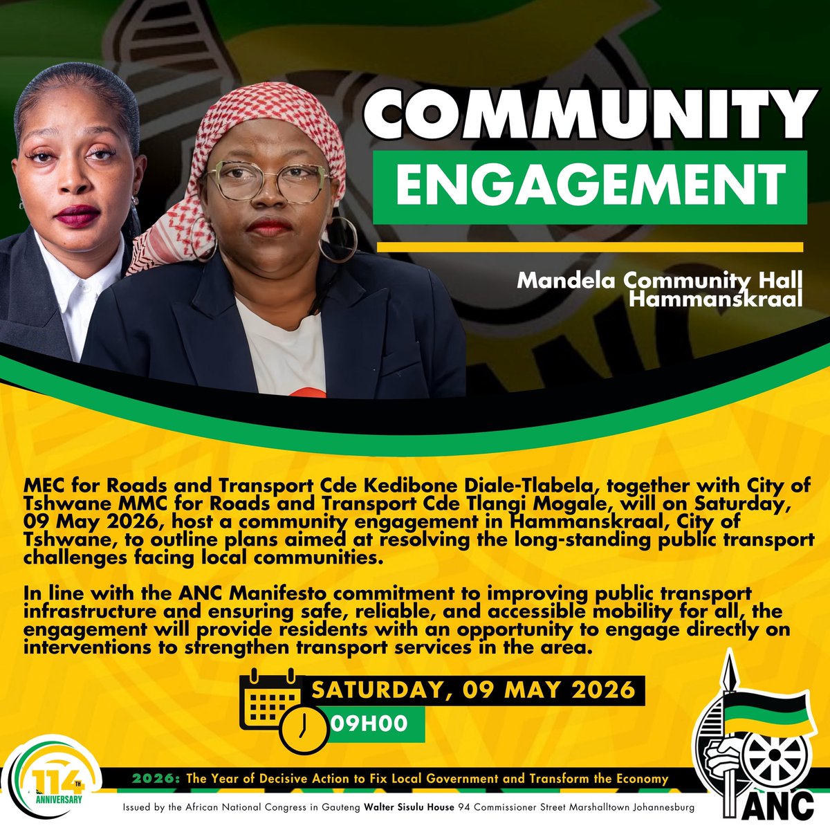 GautengANC's tweet photo. MEC for Roads and Transport Cde Kedibone Diale-Tlabela, alongside City of Tshwane MMC Cde Tlangi Mogale, will today engage the people of Hammanskraal on solutions to long-standing public transport challenges.

#YearOfDecisiveAction ⚫️🟢🟡 https://t.co/7PNZQ0uY5k