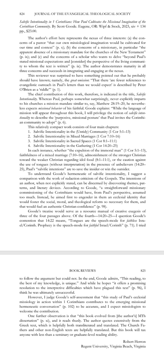 Goode_Goodie's tweet photo. Having quite accidently come across this review of "Salvific Intentionality in 1 Corinthians" in JETS (68.4, 2025), I thoroughly appreciated the reviewer's thoughtful engagement with the book. I may, however, need to keep working on my explanation of 1 Cor 14:22. 😉 https://t.co/W0wnfP9867