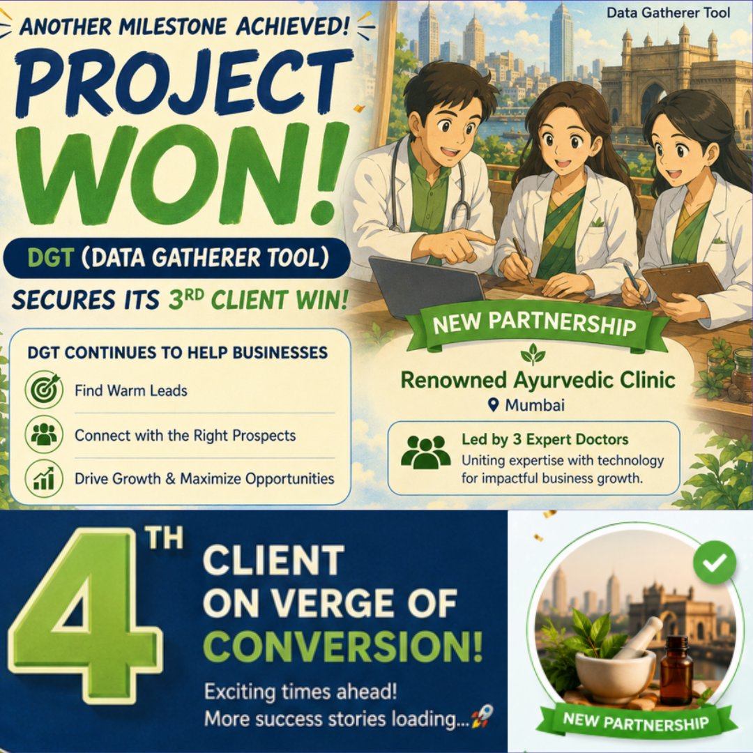 ssbarde's tweet photo. @PixaflipT's  AI product DGT (Data Gatherer Tool) secured its 3rd client win🚀

Proud to partner with Ayurvedic clinic from Mumbai led by 3 expert doctors. DGT help businesses generate warm leads &amp; drive growth.

4th client conversion loading...🔥

#ai #lead #generation #pixaflip https://t.co/RAC8CPiXrD