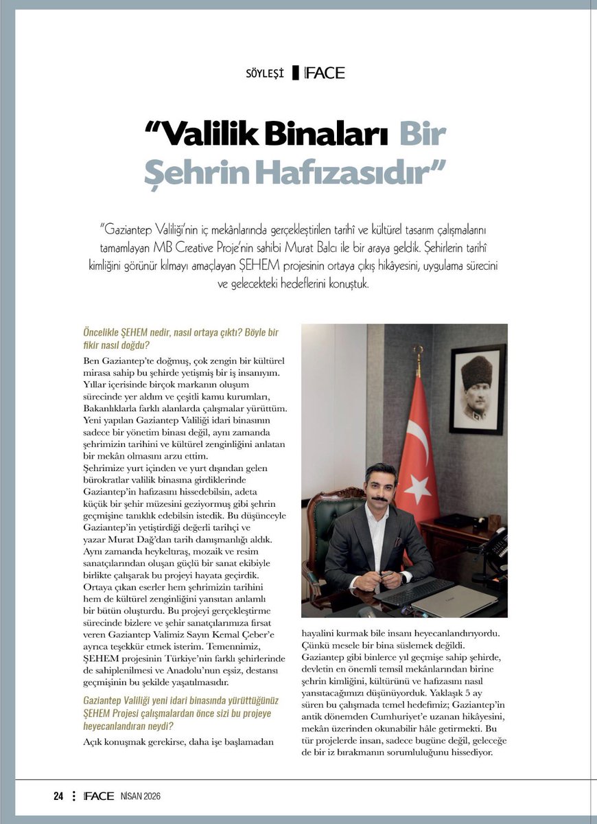 muratbalcimb's tweet photo. ŞEHEM projemizin hikâyesini, vizyonunu ve şehirlerimize kattığı kültürel değeri, Face Dergisi’nde kıymetli dostum Şafak Salıcı ile gerçekleştirdiğimiz samimi bir söyleşiyle paylaşma fırsatı bulduk. 
Şehir hafızası, entegrasyon modeli 
#ŞEHEM #ŞehirKimliği #KültürelMiras https://t.co/JYRRUk6nmR