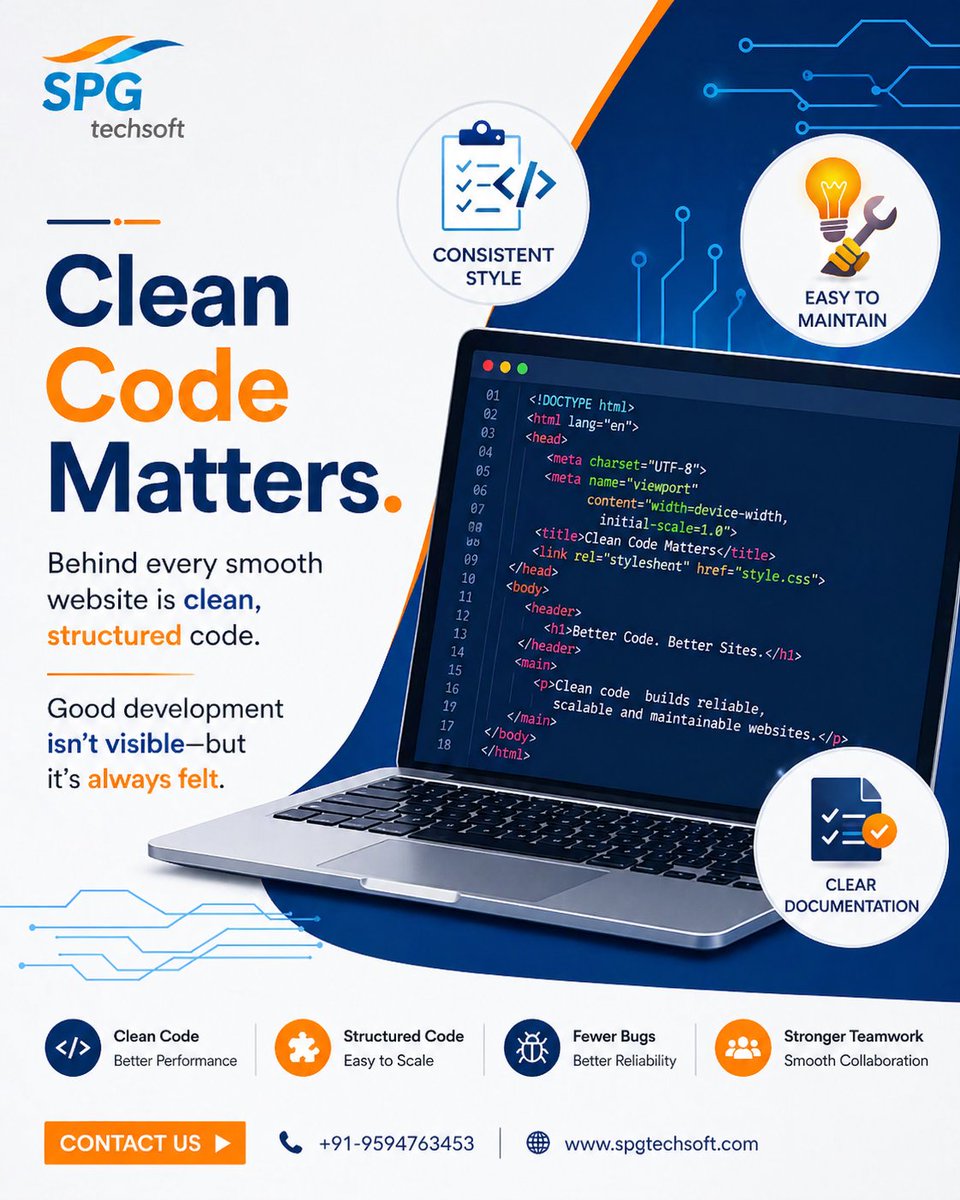SPGTechSoft's tweet photo. Clean Code Matters
Behind every smooth website is clean, structured code.
Good development isn’t visible—but it’s always felt.

Visit @ https://t.co/WEOmyhDsol

#spgtechsoft #webdevelopment #appdevelopment #websitedevelopment https://t.co/AsfGaWQBBo