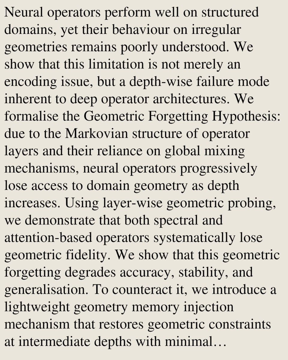 Memoirs's tweet photo. Do Neural Operators Forget Geometry? The Forgetting Hypothesis in Deep Operator Learning

Yanming Xia, Angelica I. Aviles-Rivero
https://t.co/GHj2QwFhEH [𝚌𝚜.𝙻𝙶] https://t.co/8vbjcT7Ak8