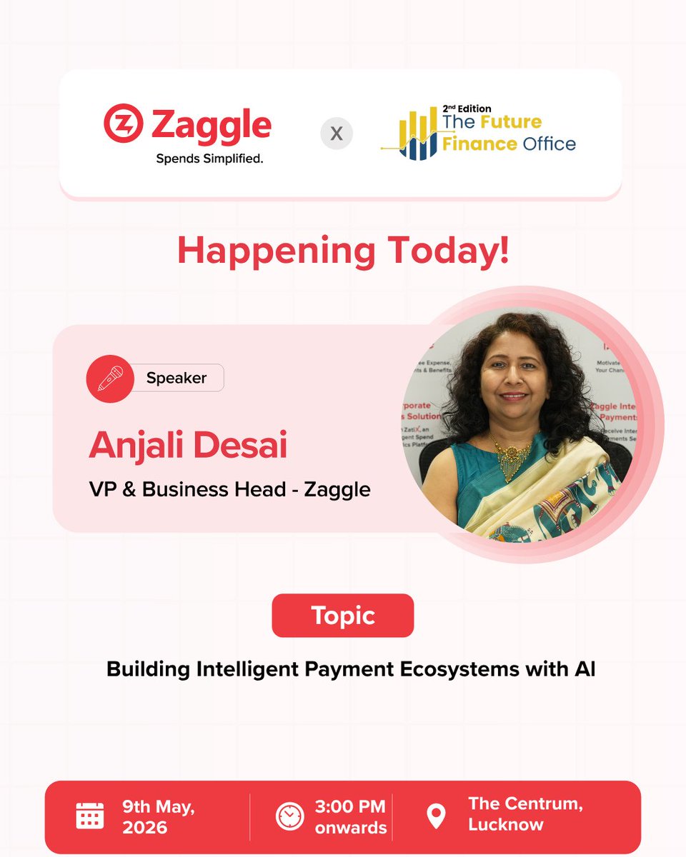 zaggleapp's tweet photo. Happening today at the 2nd Edition of The Future Finance Office - Join Anjali Desai as she speaks on building intelligent payment ecosystems with AI at The Centrum from 3 PM onwards.
.
#Zaggle #SaaS #FinTech #IntelligentPayments #EnterpriseFinance #FutureOfFinance #SmartPayments https://t.co/tq6MkLp8s9