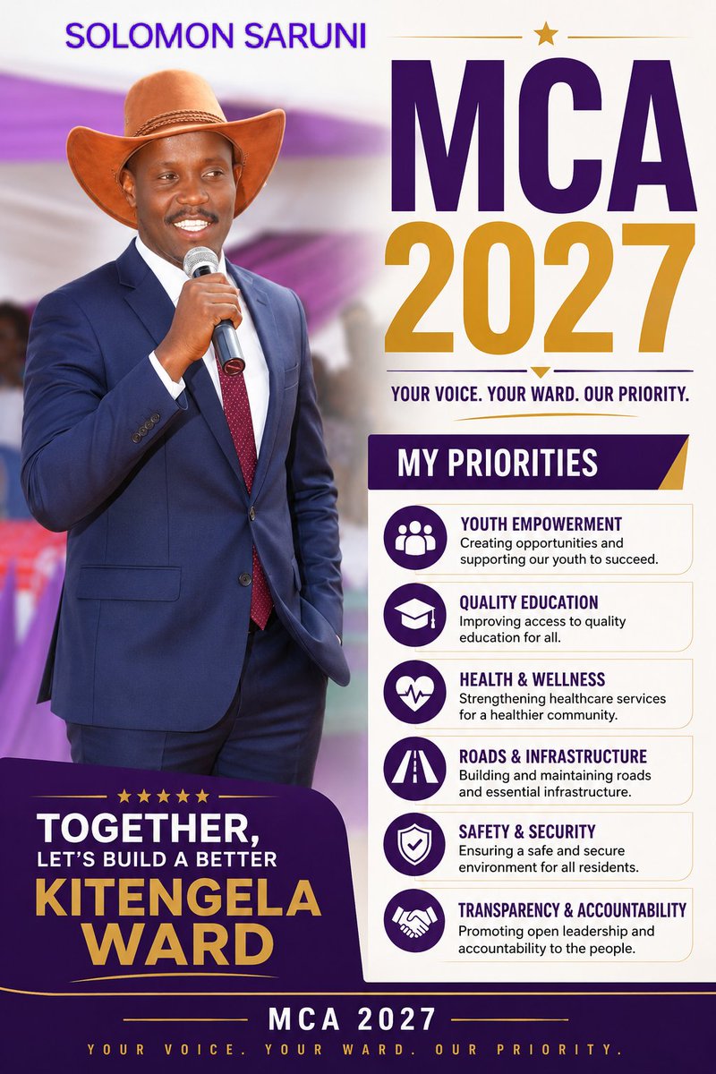 ssaruni's tweet photo. Kitengela Ward deserves servant leadership, development, accountability, and action. I am ready to walk this journey together with you for a better future for our ward. 
The voice of the people matters.
#KitengelaWard
#MCA2027
#KitengelaNiYetu
#LeadershipWithAction https://t.co/3RlLOsYBqo