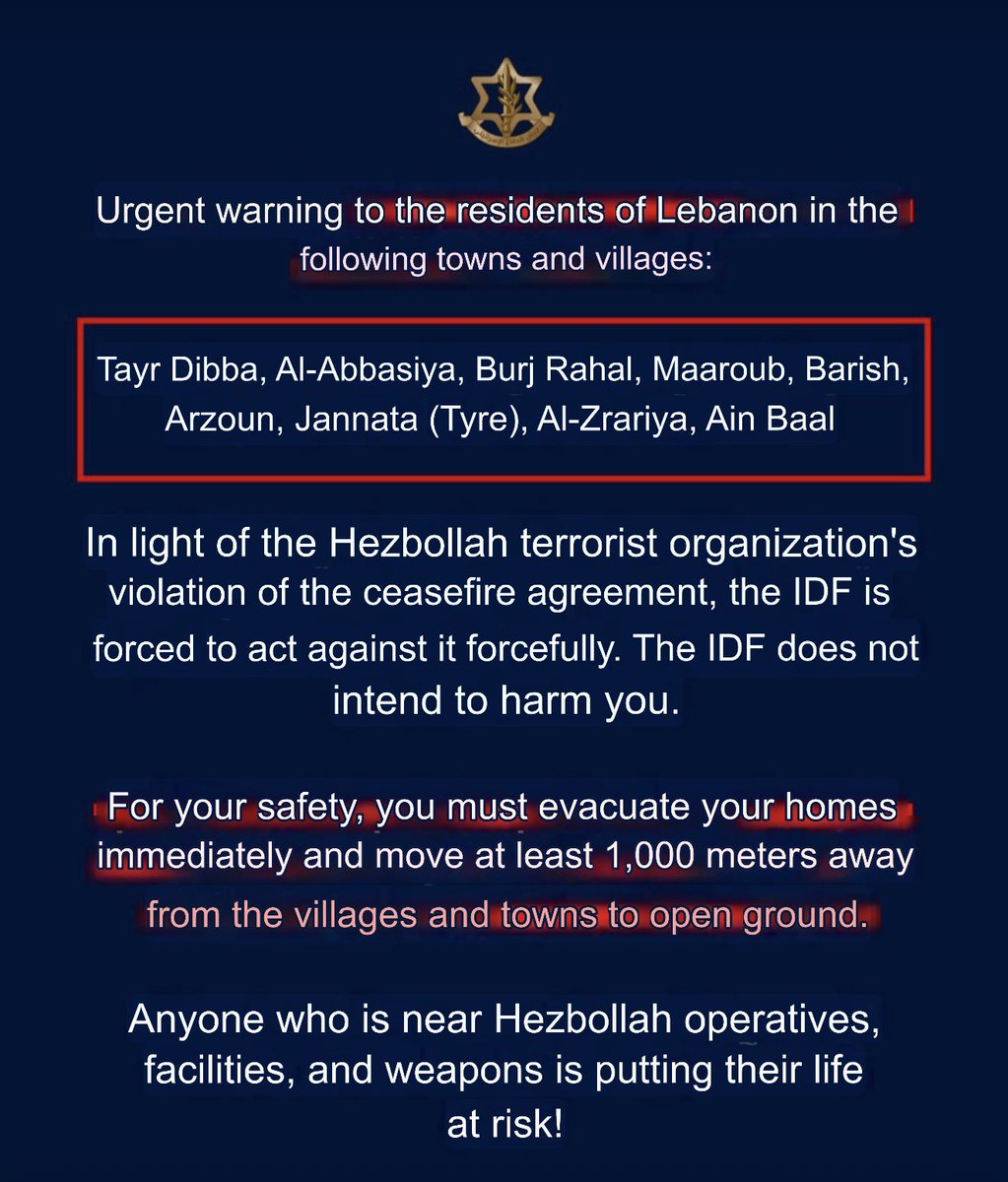 cbonneauimages's tweet photo. 🔴The Israeli army has issued forced displacement orders for nine towns and villages in Lebanon, warning of forthcoming attacks, using language that manufactures consent to kill civilians.

Yesterday the Israeli army killed more than 30 people after issuing this same type of threat, including a young child and a member of civil defense. 

There are death threats. Forced displacement is a war crime.