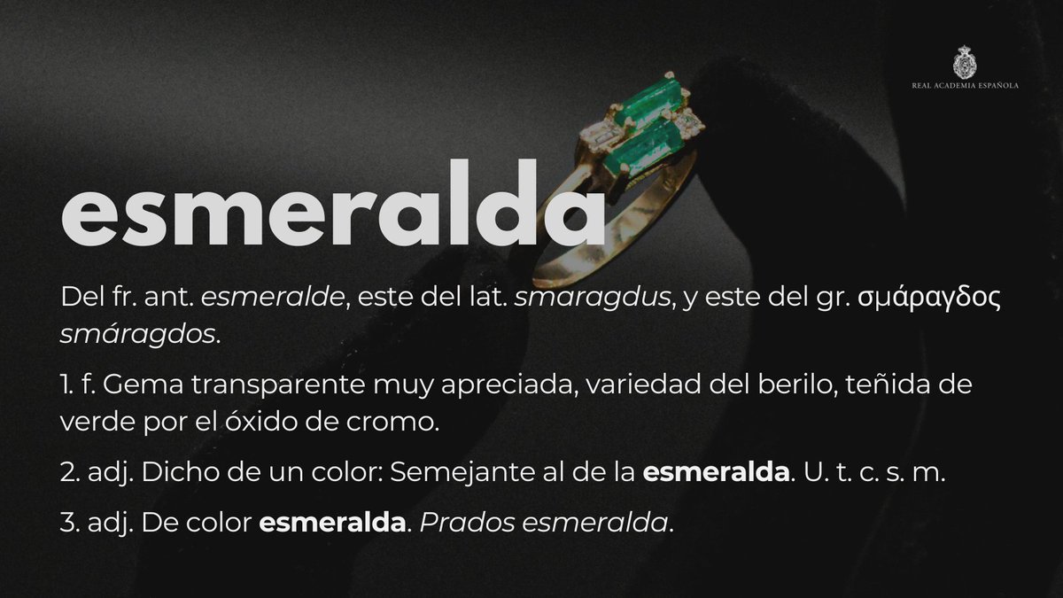 #PalabraDelDía | esmeralda

Al designar primariamente un objeto que tiene ese color característico, cuando «esmeralda» se usa con un nombre en plural, puede permanecer invariable («prados esmeralda») o concordar en plural («prados esmeraldas»): ow.ly/kkar50YRJIq.