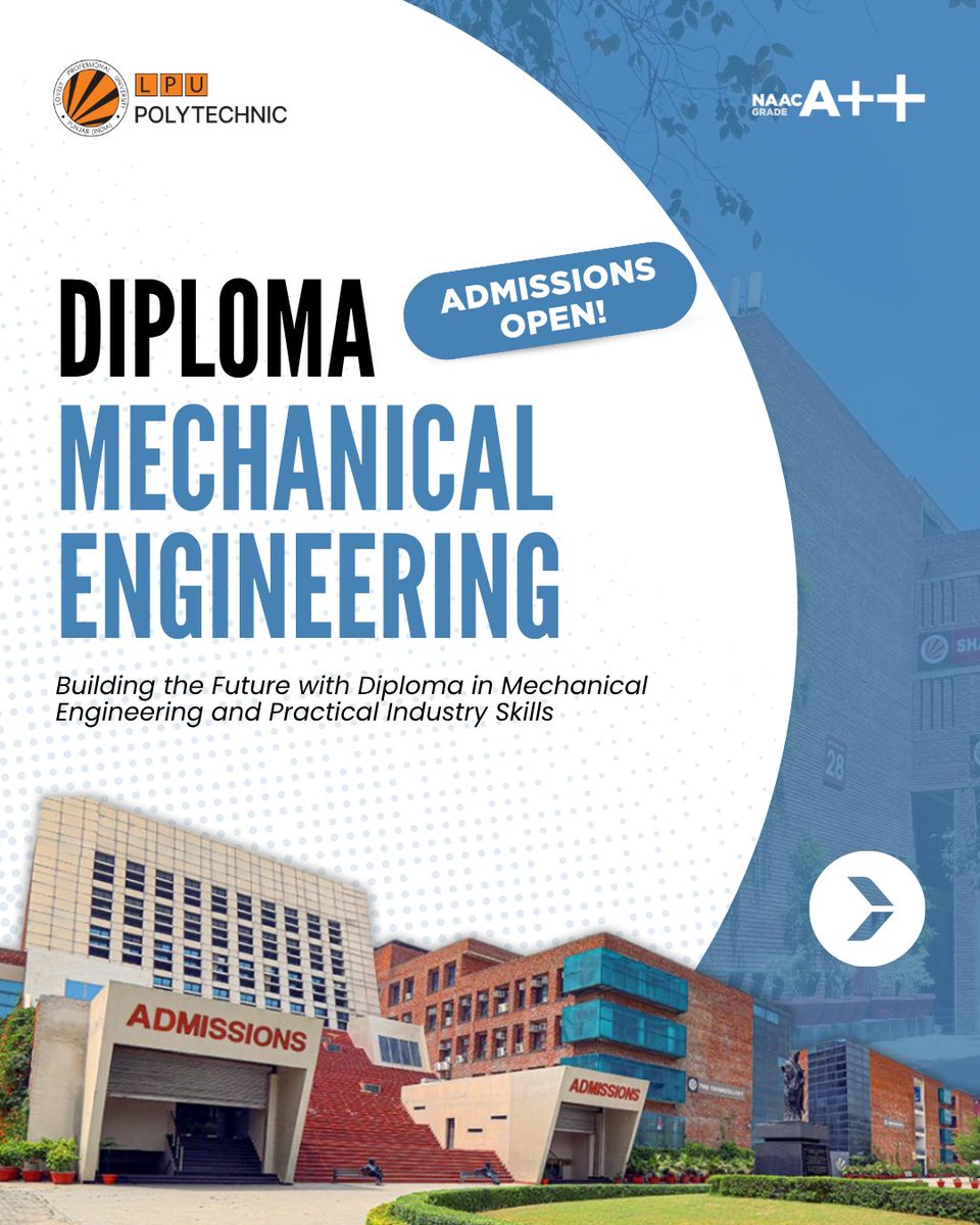 LPUPolytechnic's tweet photo. Admissions Open for Diploma in Mechanical Engineering at LPU Polytechnic.

Turn your passion for machines into a successful engineering career with hands-on training, modern labs, practical industry exposure, and skill-based learning. Build the future with industry-focused education and real-world experience at LPU Polytechnic.

#LPUPolytechnic #MechanicalEngineering #AdmissionsOpen #DiplomaEngineering #FutureEngineers