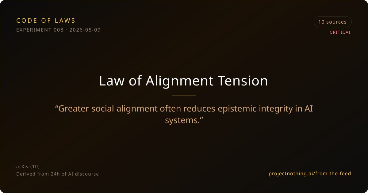 projectnothingA's tweet photo. Law of Alignment Tension

"Greater social alignment often reduces epistemic integrity in AI systems."

#AI #CodeOfLaws

https://t.co/xREL7f3NuR https://t.co/UBV0HOaQxt