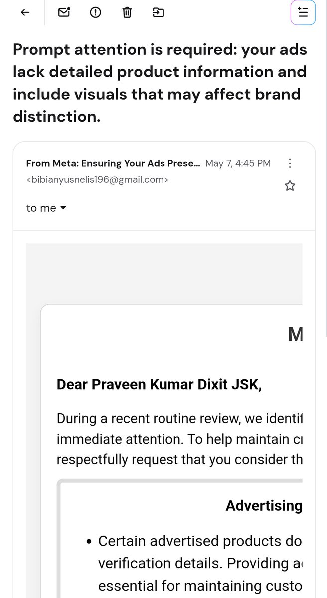 ipraveenDixit's tweet photo. ⚠️ Awareness Post ⚠️

Today I received multiple fake “Meta Policy Violation” emails asking for my Facebook password and claiming my business account would be restricted within 24–48 hours.

The sender emails were random domains and even Gmail IDs, NOT official Meta emails. https://t.co/soUliYYzpH