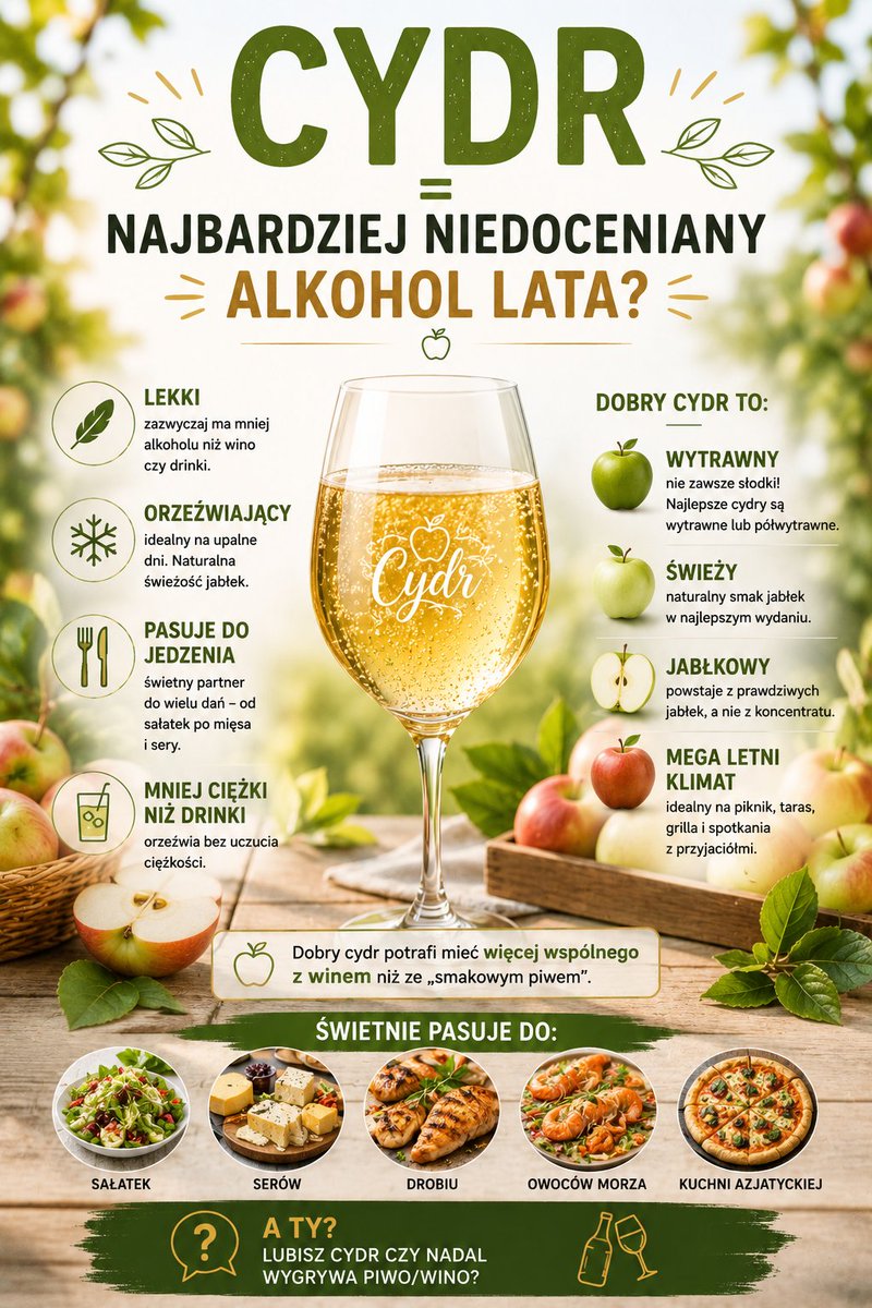 BanaszekRobert's tweet photo. 🍎 Cydr może być najbardziej niedocenianym alkoholem na lato 😄
👉 lekki
👉 orzeźwiający
👉 świetny do jedzenia
👉 mniej „ciężki” niż wiele drinków
I dobry cydr ma często więcej wspólnego z winem niż ze „smakowym piwem”.
👇 Lubisz cydr czy nadal wygrywa piwo/wino?
#cydr #cider #wino #piwo #lato #drink