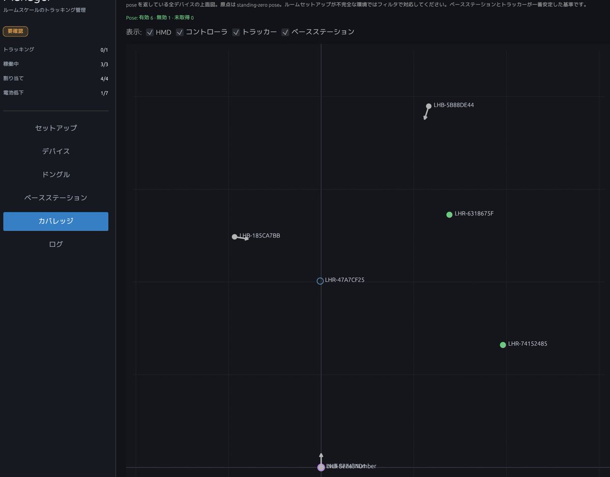 「VR Tracker Manager」
Base Station や Vive Tracker など、Lighthouse 系デバイスの管理・デバッグをまとめて行えるツールです。
ペアリング、Base Station の電源管理、トラッカーの通信品質グラフ、ドングル管理、バッテリー確認、プレイエリア確認などに対応。
近日 BOOTH で販売予定です。