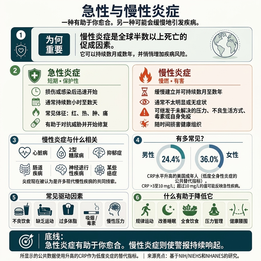longevitysight's tweet photo. 10种日常食物就能有效降低慢性炎症，操作简单。  
国人最容易吃到的前3个：
✅ 姜 + 姜黄（加黑胡椒+油，吸收翻倍）
✅ 深海鱼 / 橄榄油 / 发酵菜（泡菜、酸奶、豆腐乳都算）
✅深色浆果 + 十字花科蔬菜（西兰花、羽衣甘蓝）

慢性炎症是衰老和百病之源，但急性炎症是身体自愈的“开关”。
中文版如下⬇️ https://t.co/Y3JvMfPhYM