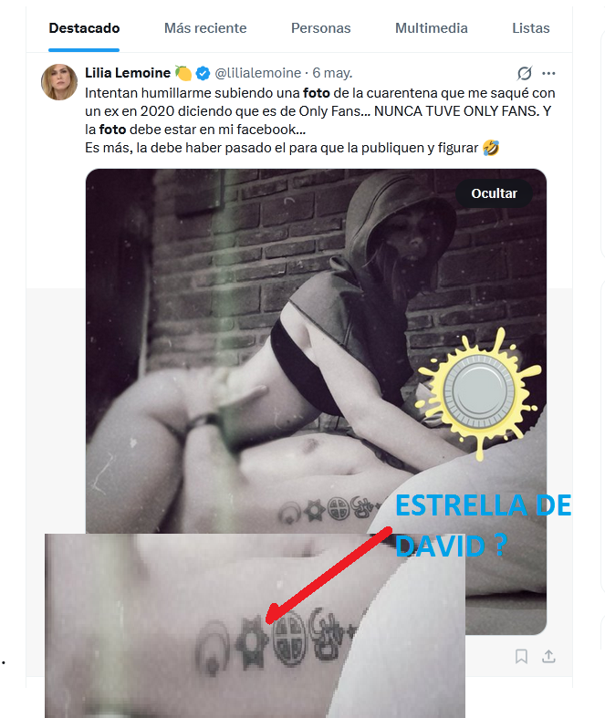 A propósito de la diputada argentina LILIA LEMOINE y su publicación pornográfica. el chimpancé que se está  cogiendo tiene tatuado lo que parece ser una ESTRELLA DE DAVID EN EL BRAZO. Además se nota que es preparado, la puta con capucha y alguien está filmando osea hay video