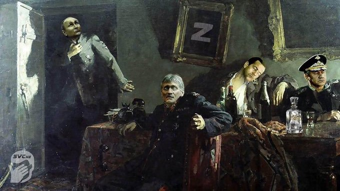 sashakmett1991's tweet photo. Настроение перед парадом. 
Когда уже надо выходить с рожами победителей, а от звука дрона в ушах ноги отнимаются. Да и туалет с собой на трибуну не возьмешь, даже чемоданный. 

Картина машинным маслом - "Пиздец". https://t.co/We95H5epVX