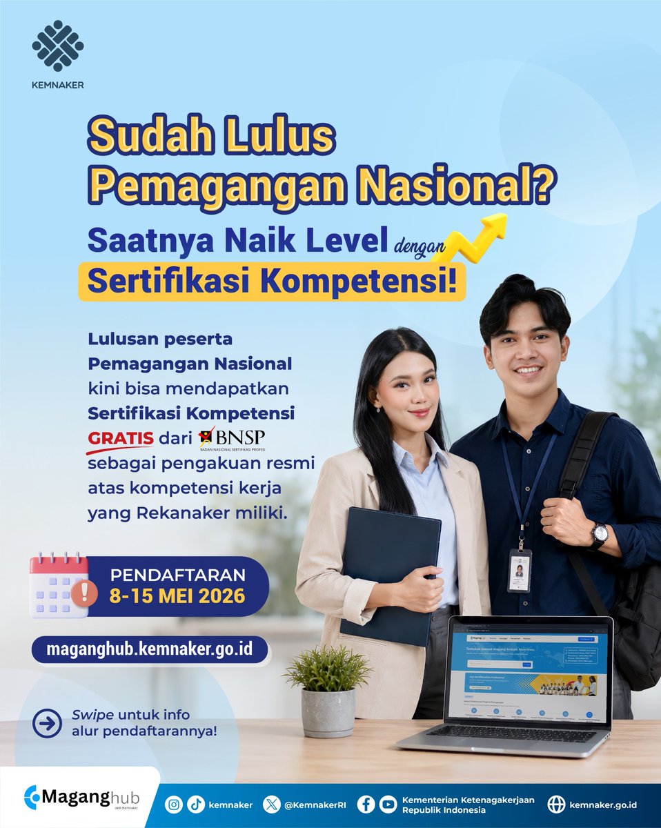 KemnakerRI's tweet photo. Sudah lulus Pemagangan Nasional? 

Saatnya naik level dengan Sertifikasi Kompetensi!

Lulusan peserta Pemagangan Nasional kini berkesempatan mendapatkan Sertifikasi Kompetensi gratis dari BNSP.

Cek infografik ini, Rekanaker! 

#Kemnaker #MagangNasional #Maganghub #BNSP https://t.co/t9D0wBGBxU