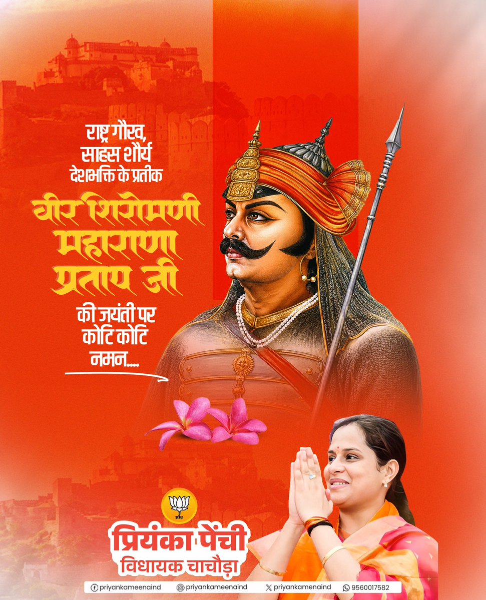 स्वधर्म, स्वदेश और स्वाभिमान की रक्षा हेतु अपना सर्वस्व समर्पित करने वाले मेवाड़ के वीर सपूत, ‘हिंदुआ सूर्य’ महाराणा प्रताप जी की जयंती पर उन्हें कोटि-कोटि नमन।

वीर शिरोमणि महाराणा प्रताप जी की शौर्यगाथा युगों-युगों तक हमें राष्ट्रसेवा के पथ पर आगे बढ़ने हेतु प्रेरित करती रहेगी।