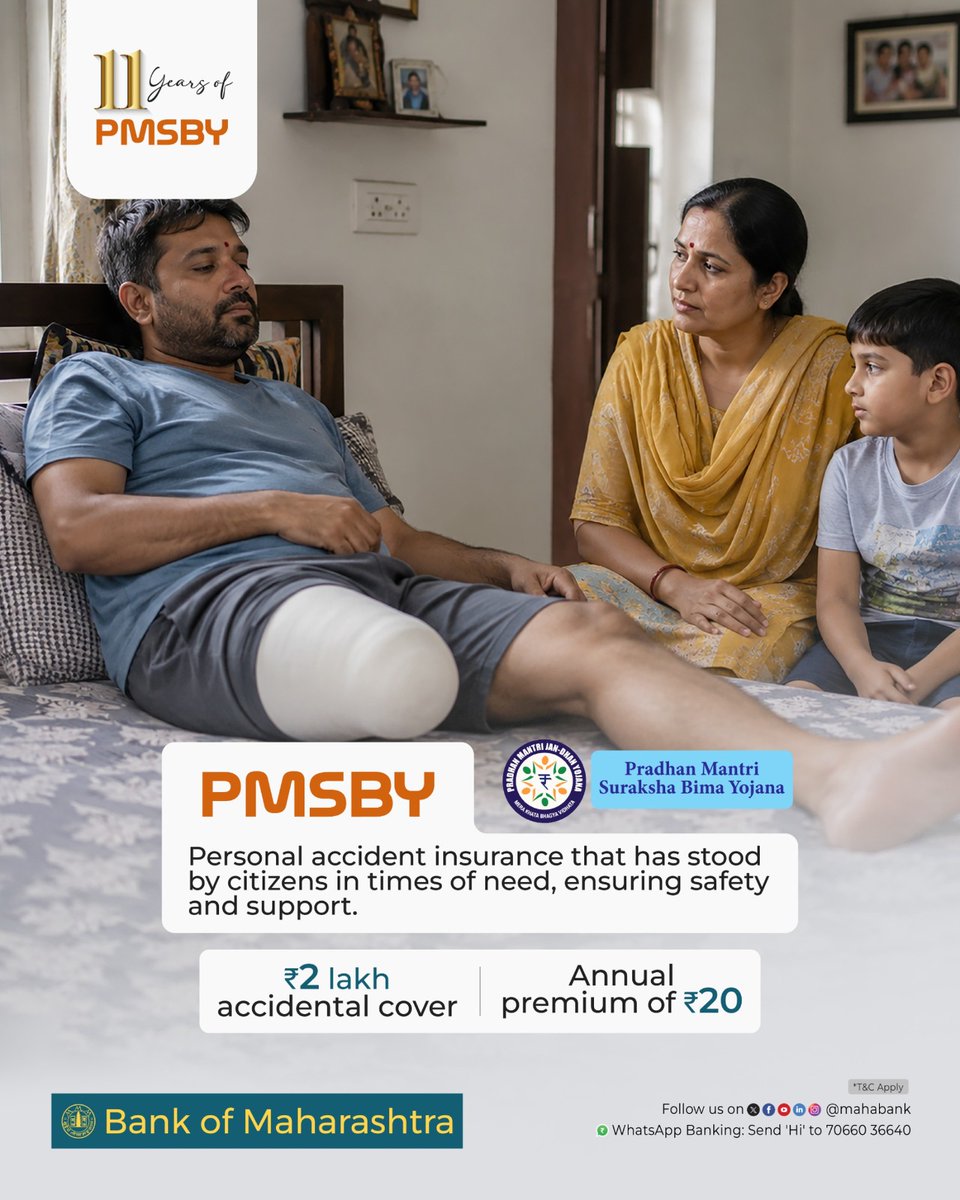 mahabank's tweet photo. PMSBY marks its 11th anniversary as a trusted shield of affordable accident insurance for millions of citizens. This milestone celebrates a journey of safety, security and commitment to protecting lives across India.
#11YearsofJansurakshaSchemes #11YearsofPMSBY https://t.co/7pxMXPCyiS