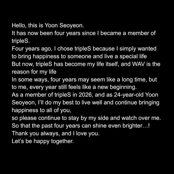 ayjkcwy's tweet photo. "four years ago, I chose tripleS because I simply wanted to bring happiness to someone &amp; live a special life
but now, tripleS has become my life itself &amp; WAV is the reason for my life"

her words making me sob...
happy 4th anniversary seoyeon 🥹 https://t.co/xbM3IQUOke
