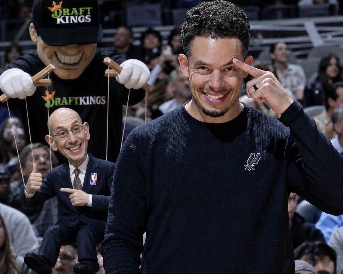 hymnduncan's tweet photo. 500-IQ win by Coach Mitch Johnson 🧠

- After demonstrating that the Spurs can easily blow the Wolves out, Adam Silver requested he keep Game 3 close for the betting payouts 
- We are now in Gambling Commisioner Silver’s good graces for Game 4 and can play freely https://t.co/PbugKWPOET